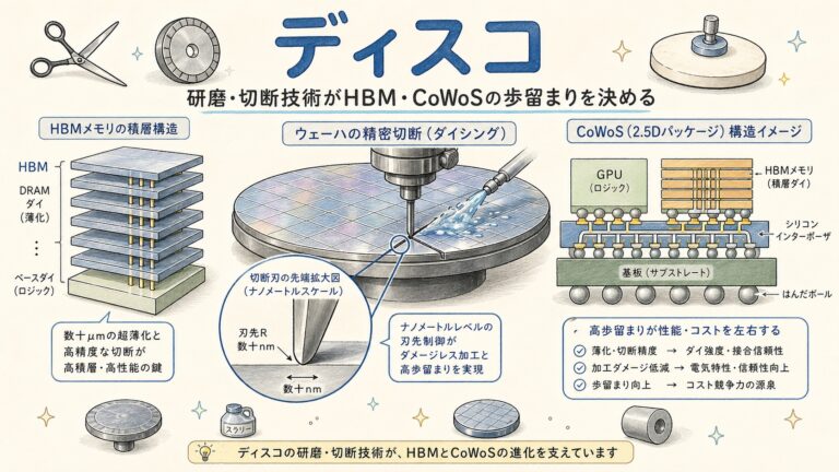 【図解】ディスコの研磨・切断技術がHBM・CoWoSの歩留まりを決める理由