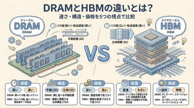 【図解】DRAMとHBMの違いとは？速さ・構造・価格を5つの視点で比較
