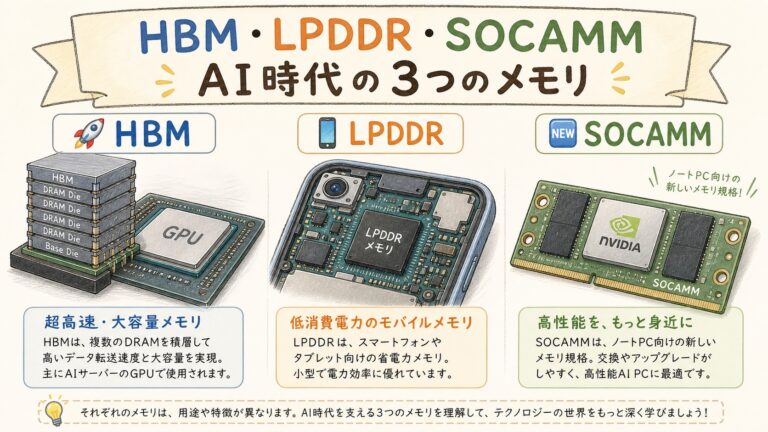【完全図解】HBM vs LPDDR vs SOCAMM｜AI時代の"3つのメモリ"使い分け完全ガイド