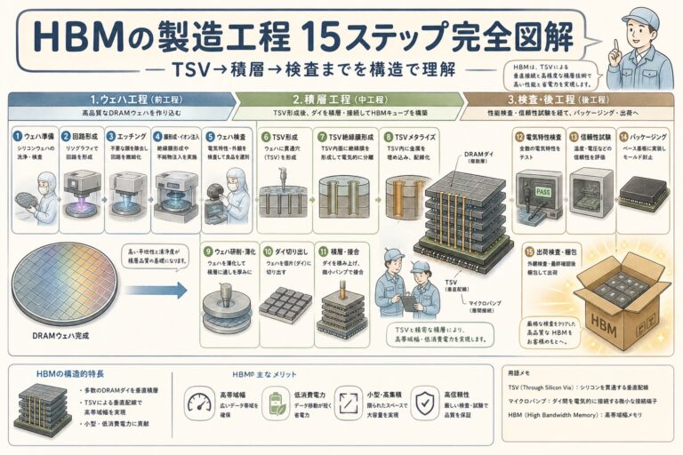 【完全図解】HBMの製造工程｜TSV→積層→検査までを15ステップで理解する