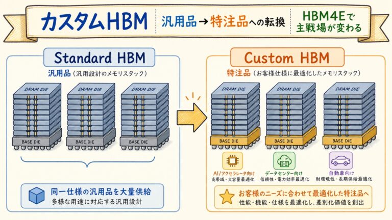 HBM4Eとは？カスタムHBMとベースダイの意味、HBM4との違いを図解