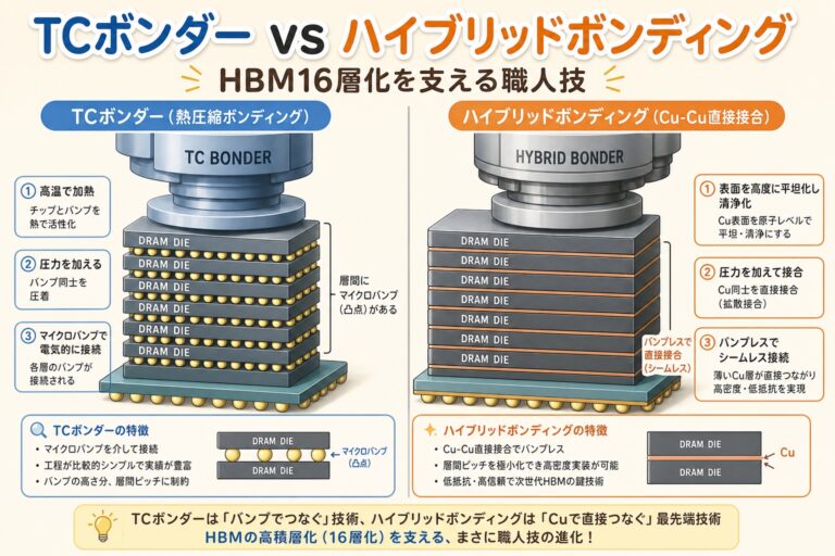 【完全図解】TCボンダーとハイブリッドボンディングの違い｜HBM16層化を支える"職人技"
