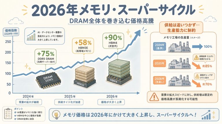 【完全図解】2026年メモリ・スーパーサイクル｜HBMがDRAM全体を巻き込む価格高騰の構造