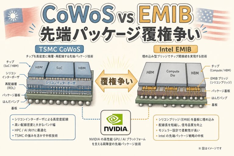 【図解】CoWoS vs EMIB｜TSMCとIntelの先端パッケージ覇権争いを徹底比較