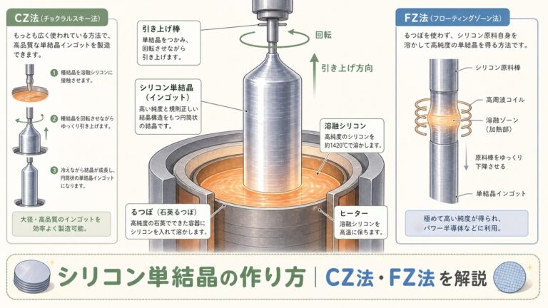 【完全図解】シリコン単結晶はどうやって作られる？結晶の育て方をCZ法・FZ法で解説