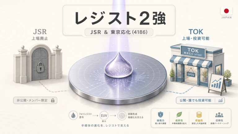 JSRはなぜ上場廃止？東京応化工業（4186）との違いとレジスト2強の強みを図解