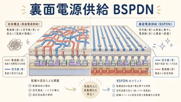 【完全図解】BSPDN（裏面電源供給）とは？チップの"配電網"を裏側に移す発想を1枚で理解