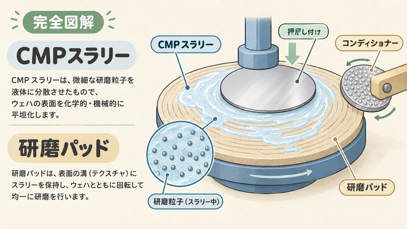 【完全図解】CMPスラリー・パッドとは？研磨液と研磨パッドの中身と、膜ごとの使い分け