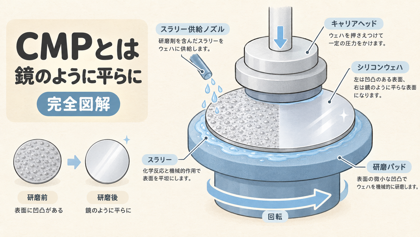 【完全図解】CMPとは？化学機械研磨でウェーハを鏡のように平らにする理由と仕組み