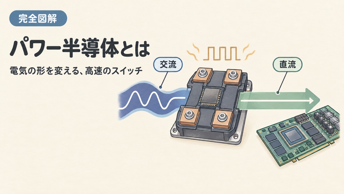 パワー半導体とは何かを示す図解。交流の電気がパワーモジュールで直流に変わり、GPUへ届く様子