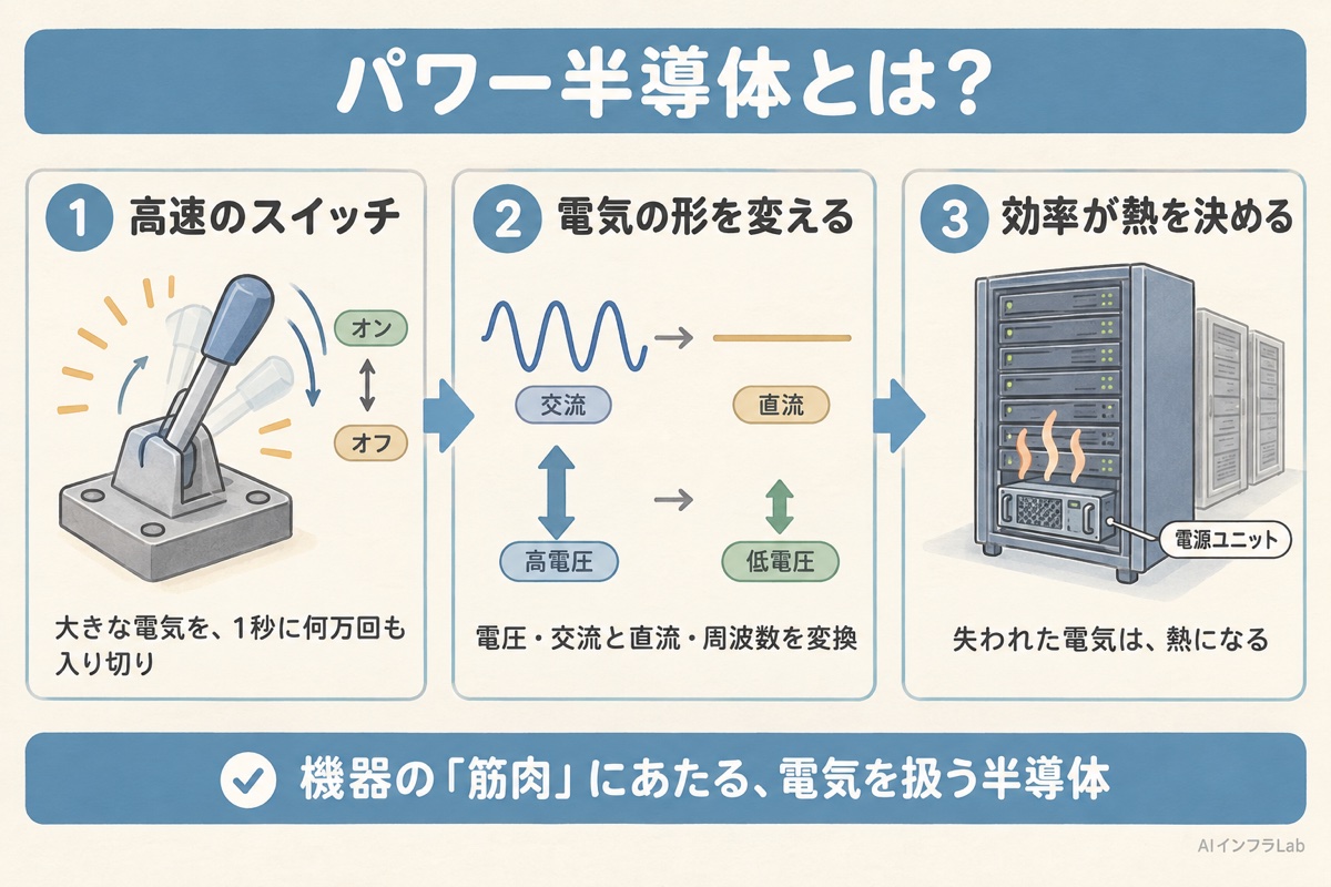 大きな電気をパワー半導体が高速でオン・オフし、電圧や交流・直流の形を変え、失われた電気が熱になる様子の概念図