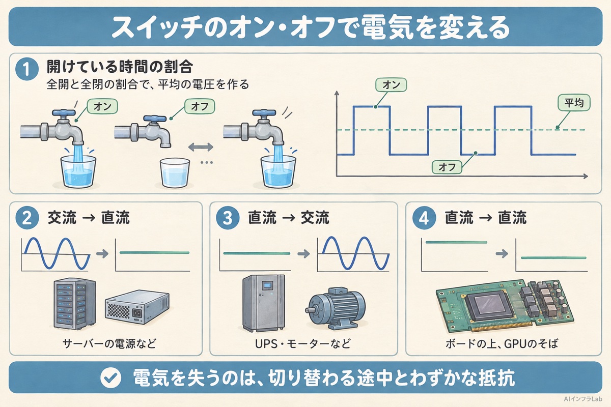 蛇口の全開と全閉を素早くくり返すたとえと、交流から直流・直流から交流・直流から直流の3つの変換を示した図