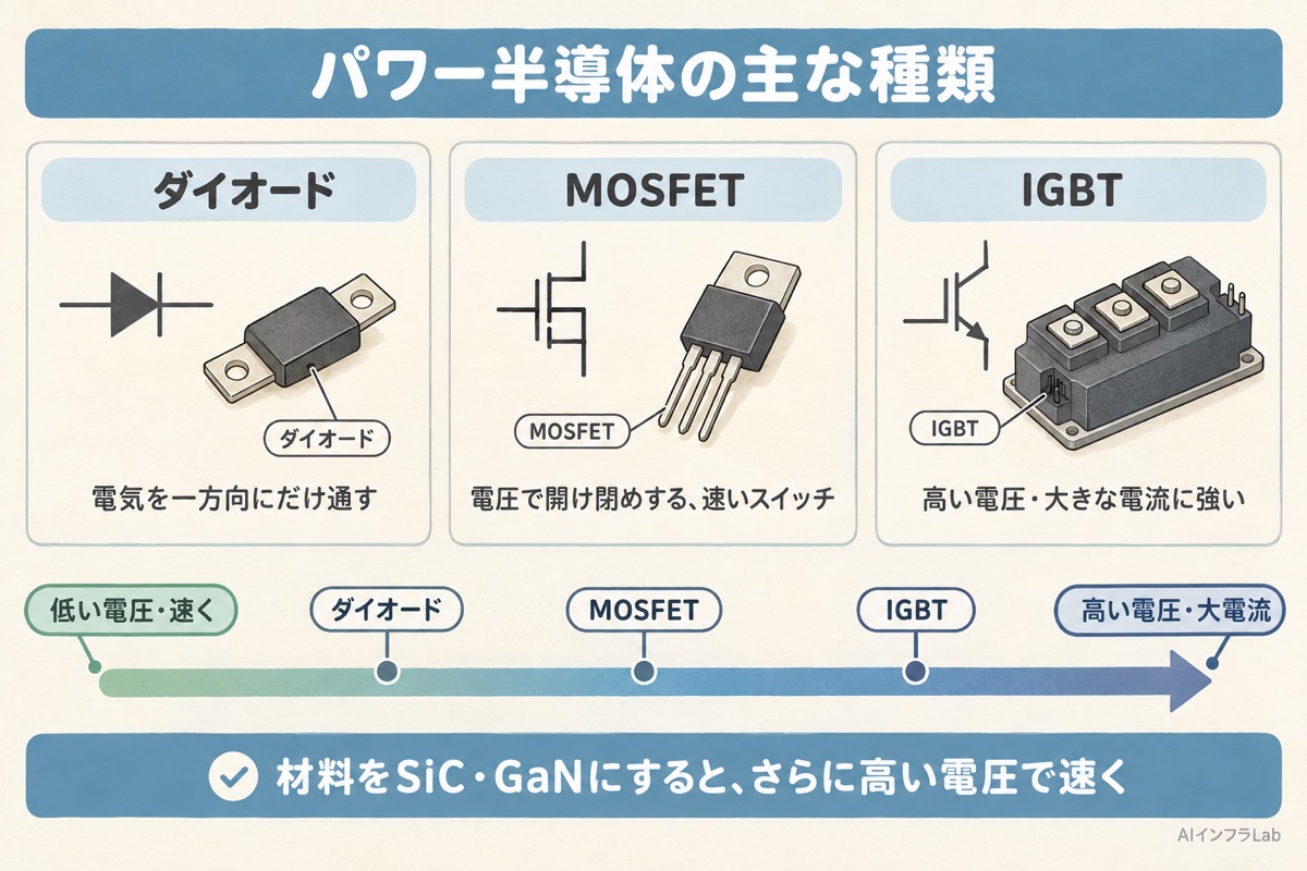 ダイオード・MOSFET・IGBTの3種類のパワー半導体を、得意な電圧と電流の範囲で並べた比較の図