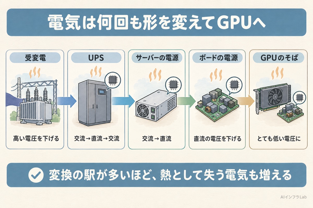 発電所からGPUまでの電気の流れの中で、受変電・UPS・サーバーの電源・ボードの電源・GPUのそばの電源と変換の駅が並ぶ図