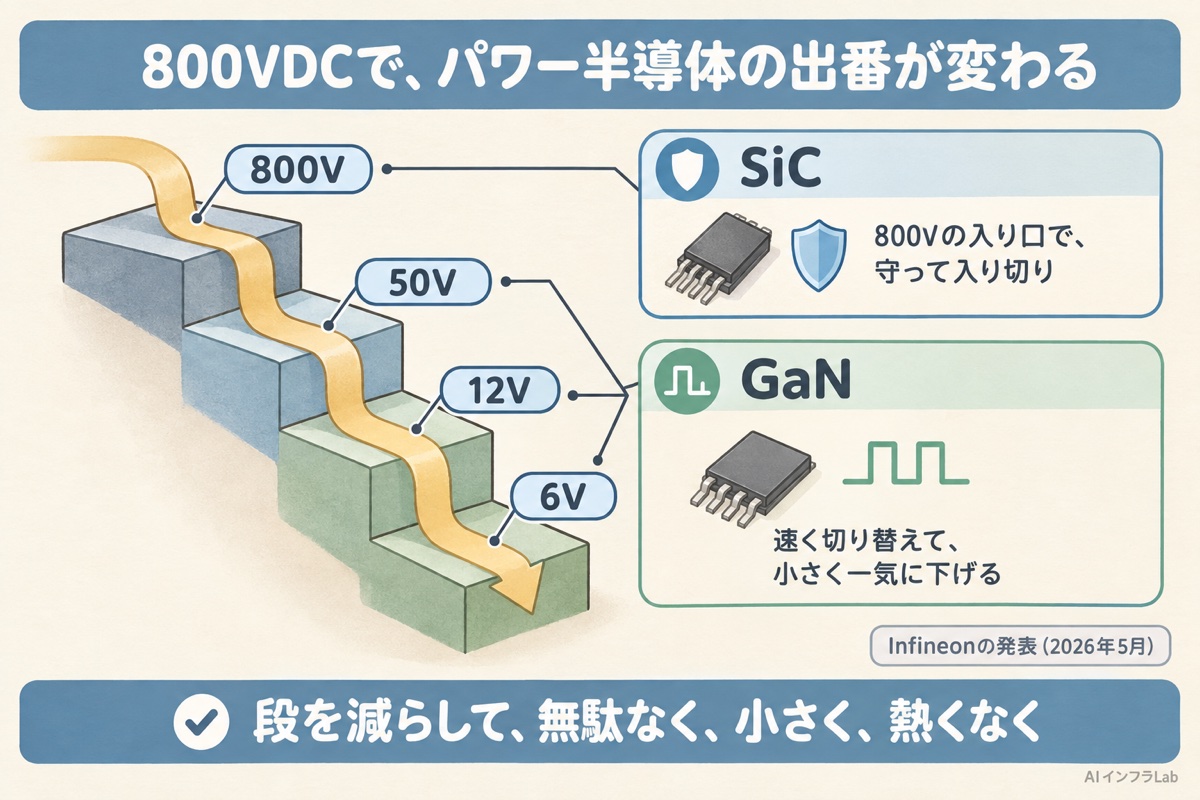 800Vの直流がサーバーに届き、SiCで守り、GaNで一気に下げて、50V・12V・6Vへと段階的に変換される様子を示した図