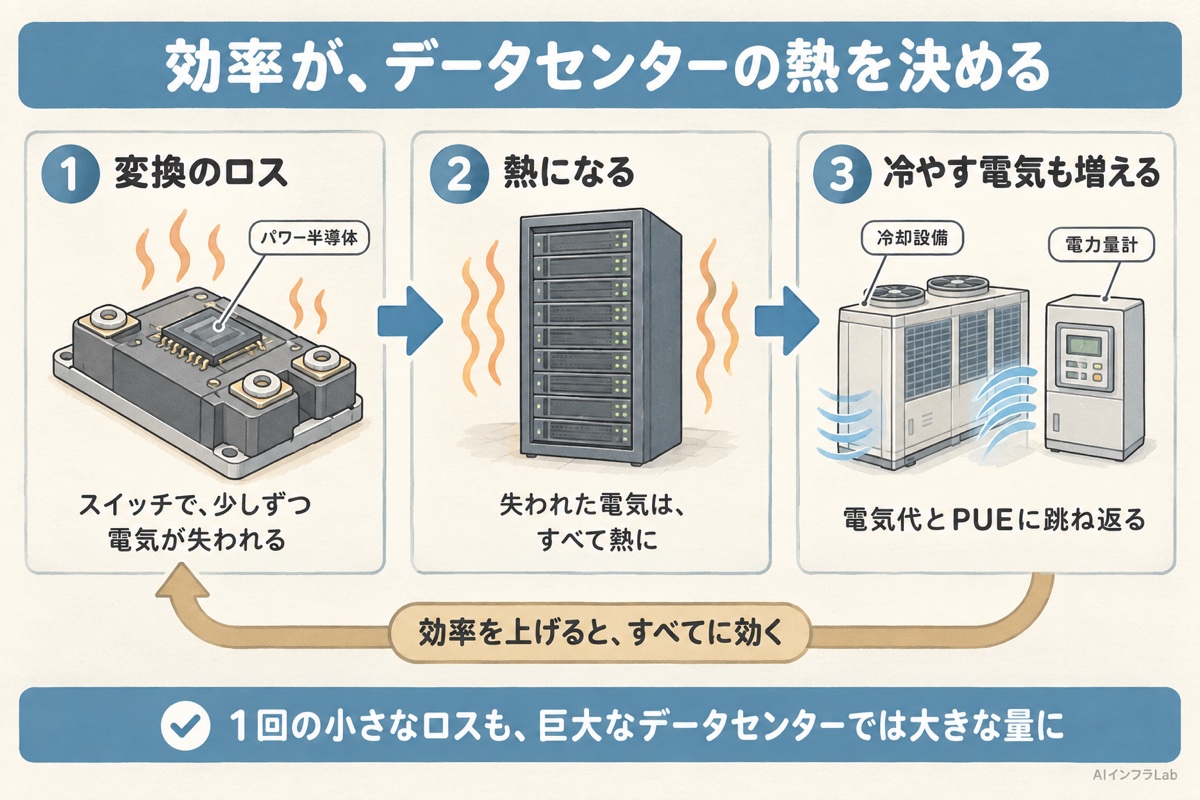 変換で失われた電気が熱になり、冷やすための電気も増えて、電気代とPUEに跳ね返る因果の流れ図