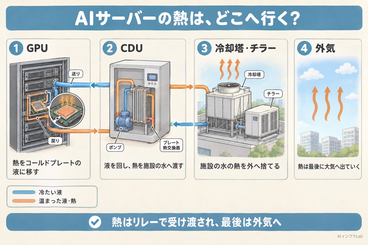 GPUの熱がサーバー側の液からCDU、施設の水、冷却塔・チラーへ受け渡され、外気へ捨てられる液冷の流れ図。青は冷たい液、オレンジは温まった液と熱