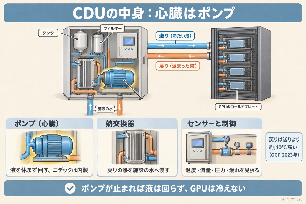 CDUの中のポンプ・熱交換器・タンク・フィルター・制御と、サーバーへ冷たい液を送り温まった液が戻る配管を示した図解