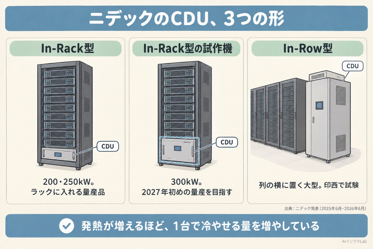 ニデックのCDUの3つの形。ラックに入れる200・250kWのIn-Rack型、300kWの試作機、ラック列の横に置く大型のIn-Row型の比較図