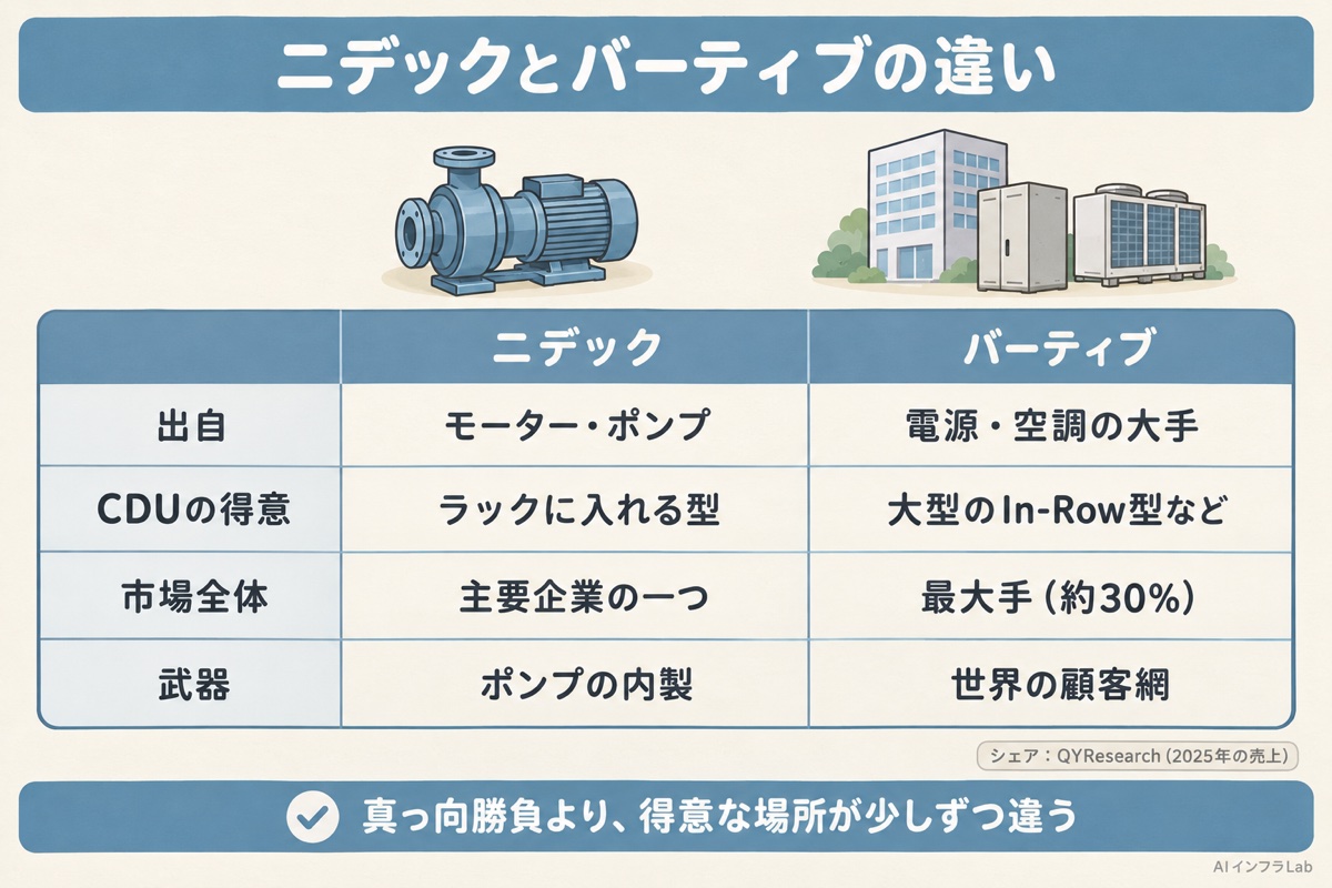 ニデックとバーティブのCDU事業の比較表。出自・得意なCDU・市場シェア・武器の違い