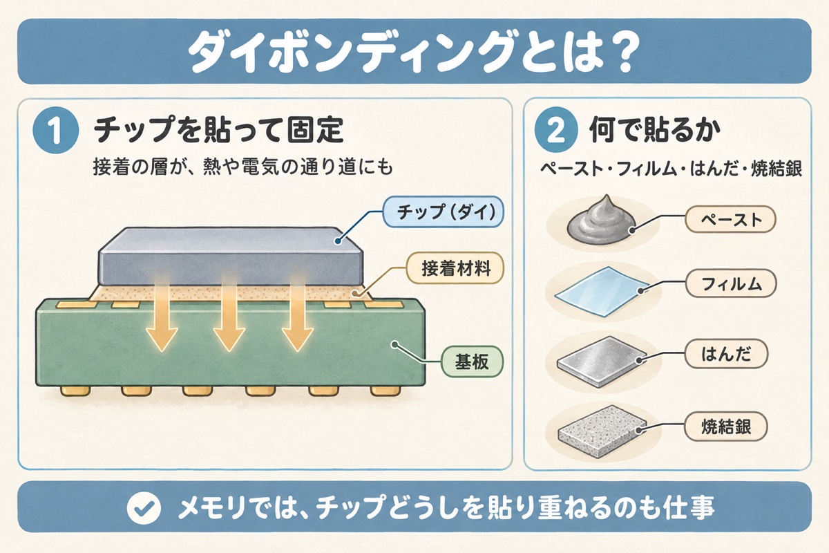 チップの裏の接着材料で基板の上にチップを固定し、熱を逃がす構造を示したダイボンディングの概念図