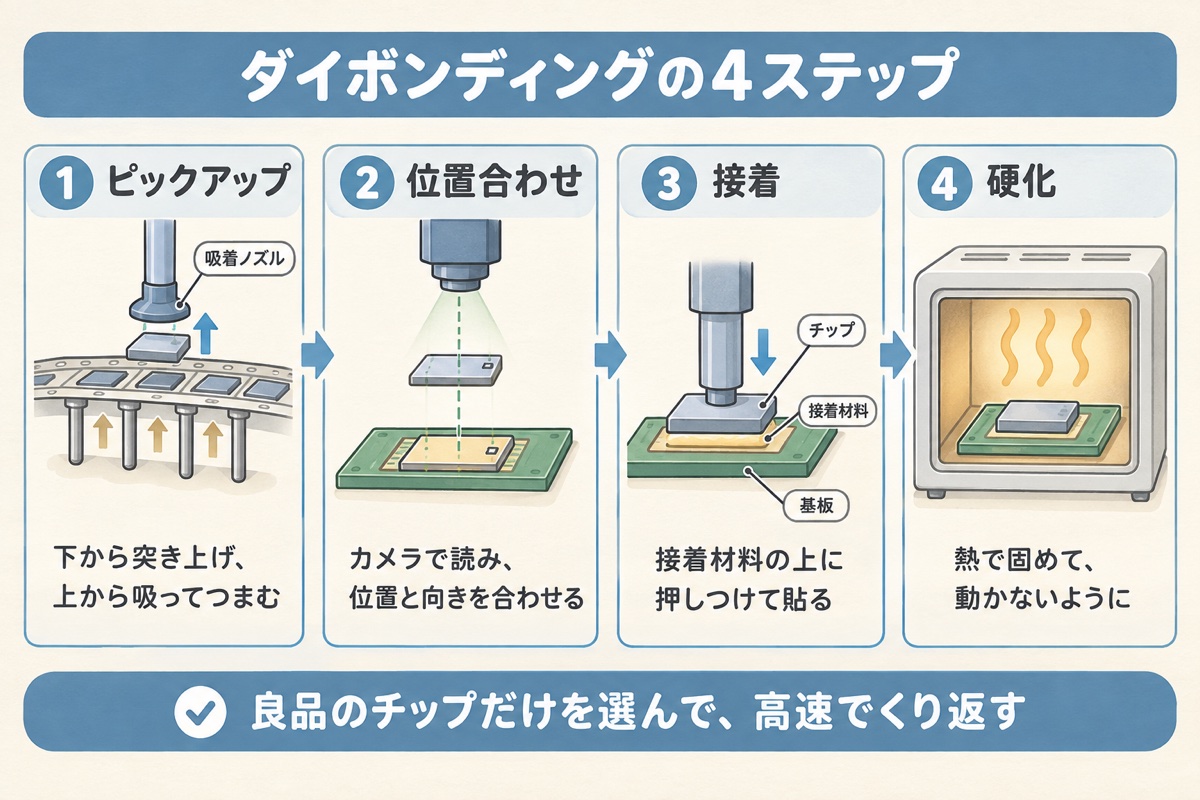 ピックアップ・位置合わせ・接着・硬化の4ステップで、チップが基板に固定される流れ図