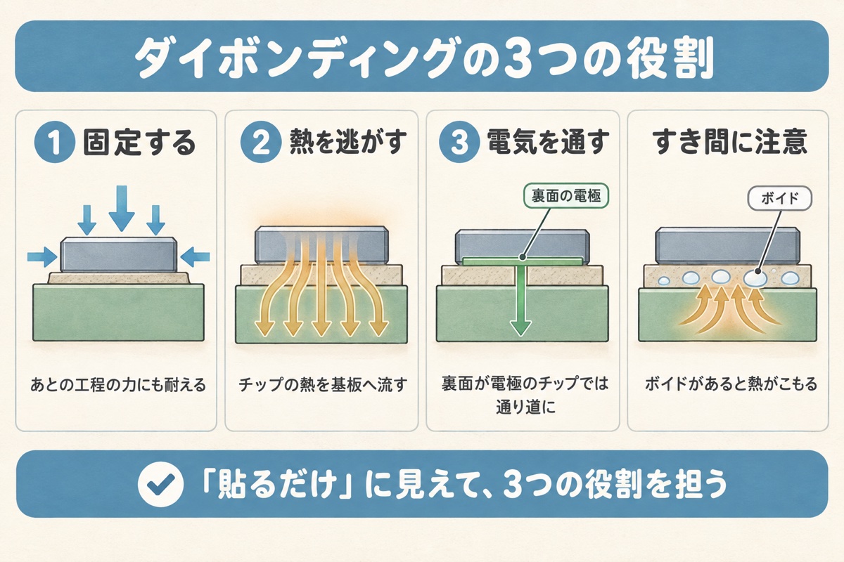 固定する・熱を逃がす・電気を通すの3つの役割と、接着の層のすき間の問題を、チップの断面に矢印で示した図