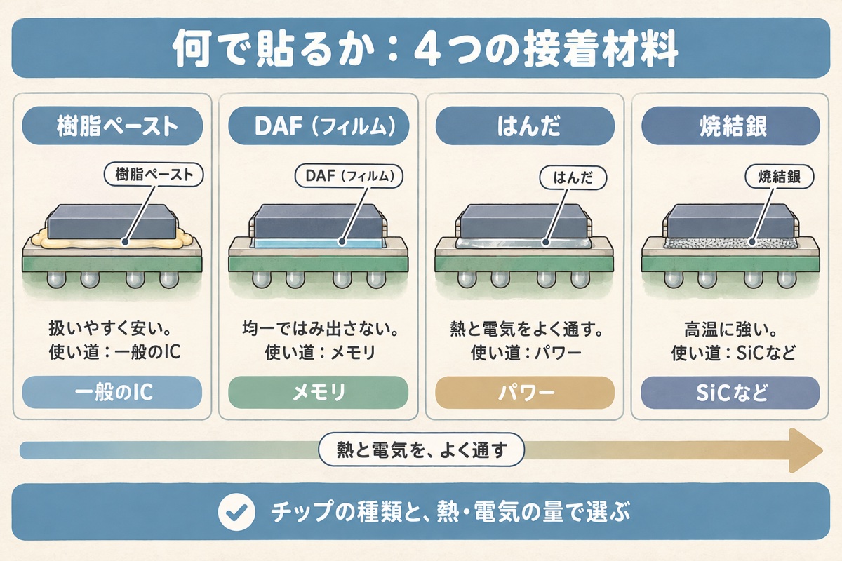 樹脂ペースト・DAF・はんだ・焼結銀の4つの接着材料を、チップの下の層として並べた比較図