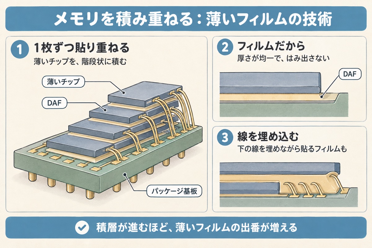 薄いチップを、フィルム状の接着剤で1枚ずつ階段状に積み重ねていくメモリの断面図