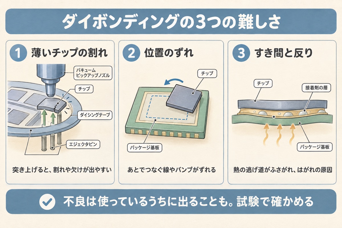 薄いチップの割れ、位置のずれ、接着の層のすき間と反りの3つの難しさを並べた図