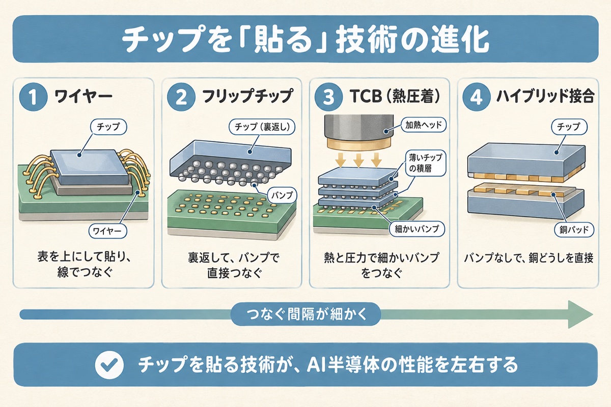 ワイヤーでつなぐ方式・フリップチップ・TCB・ハイブリッド接合の4つのつなぎ方を並べた断面比較図