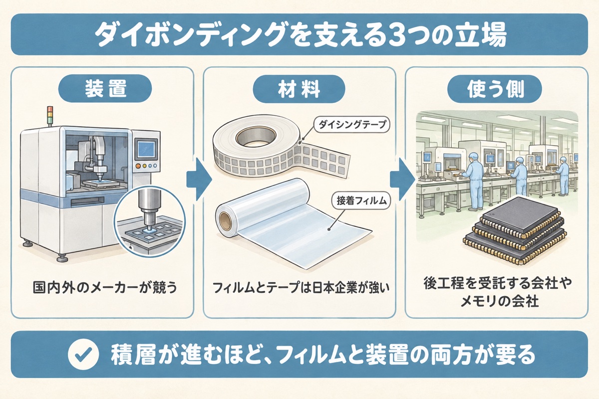 ダイボンダーの装置メーカー・接着フィルムとテープの材料メーカー・組み立てる会社をつなぐサプライチェーン図