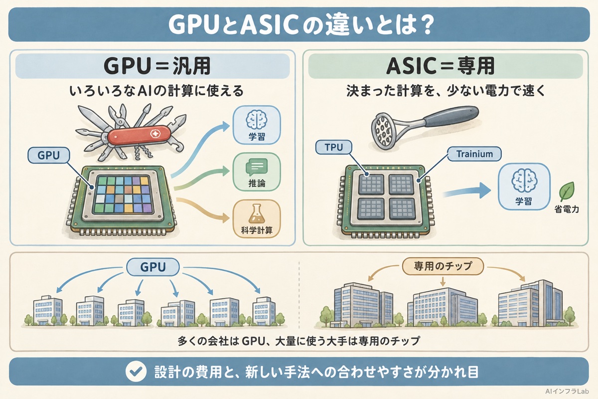 いろいろな計算に使える汎用のGPUと、特定の計算だけに絞った専用のASICを比べた概念図
