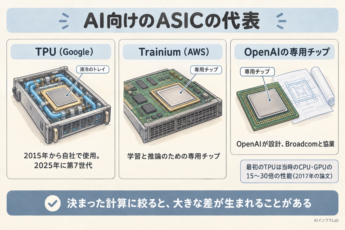 Google の TPU、AWS の Trainium、OpenAI の専用チップの3つを、作った会社とポイントで並べた図