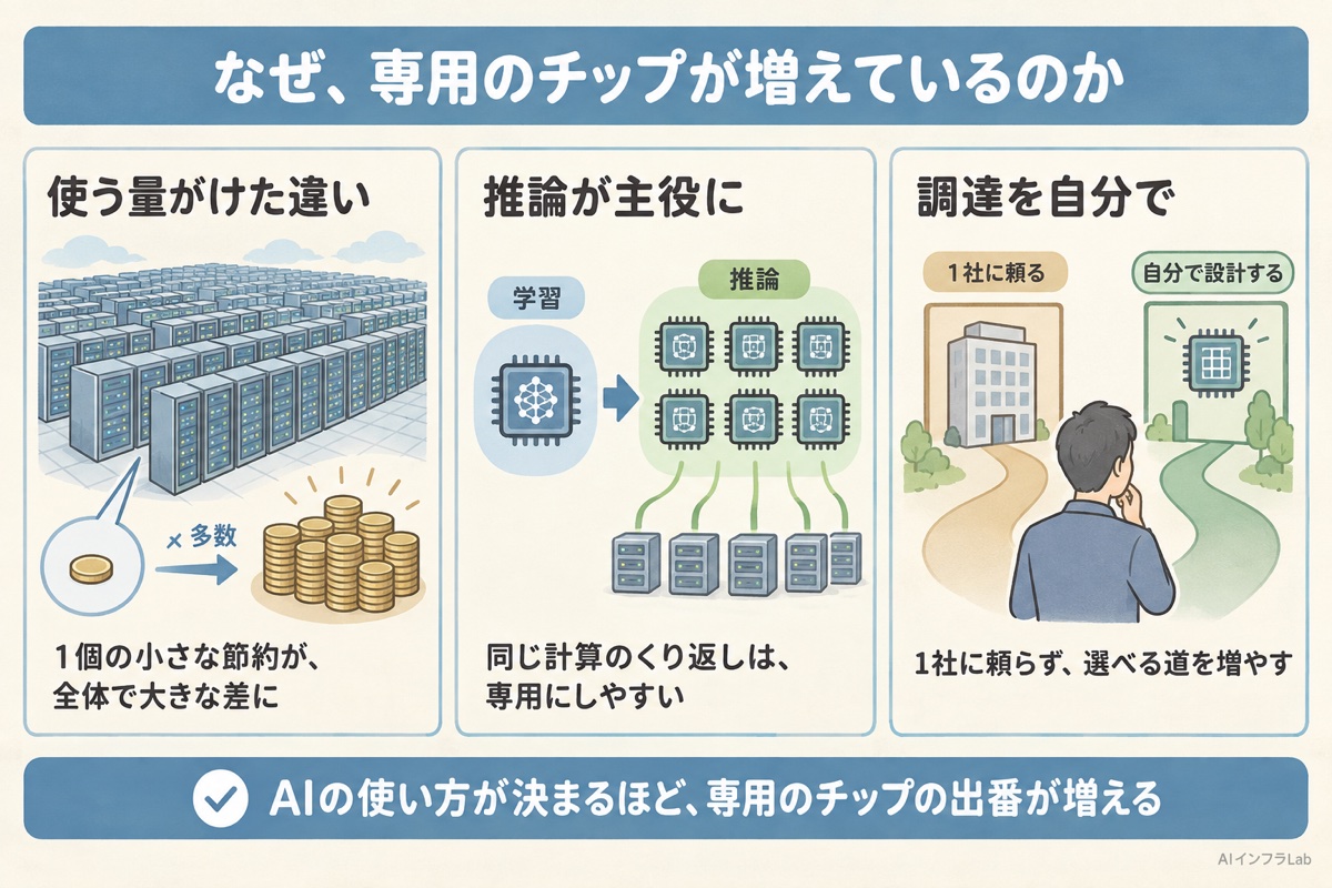 使う量がけた違い、推論が主役に、調達を自分で決めたいの3つで、専用のチップが増える理由を示した図
