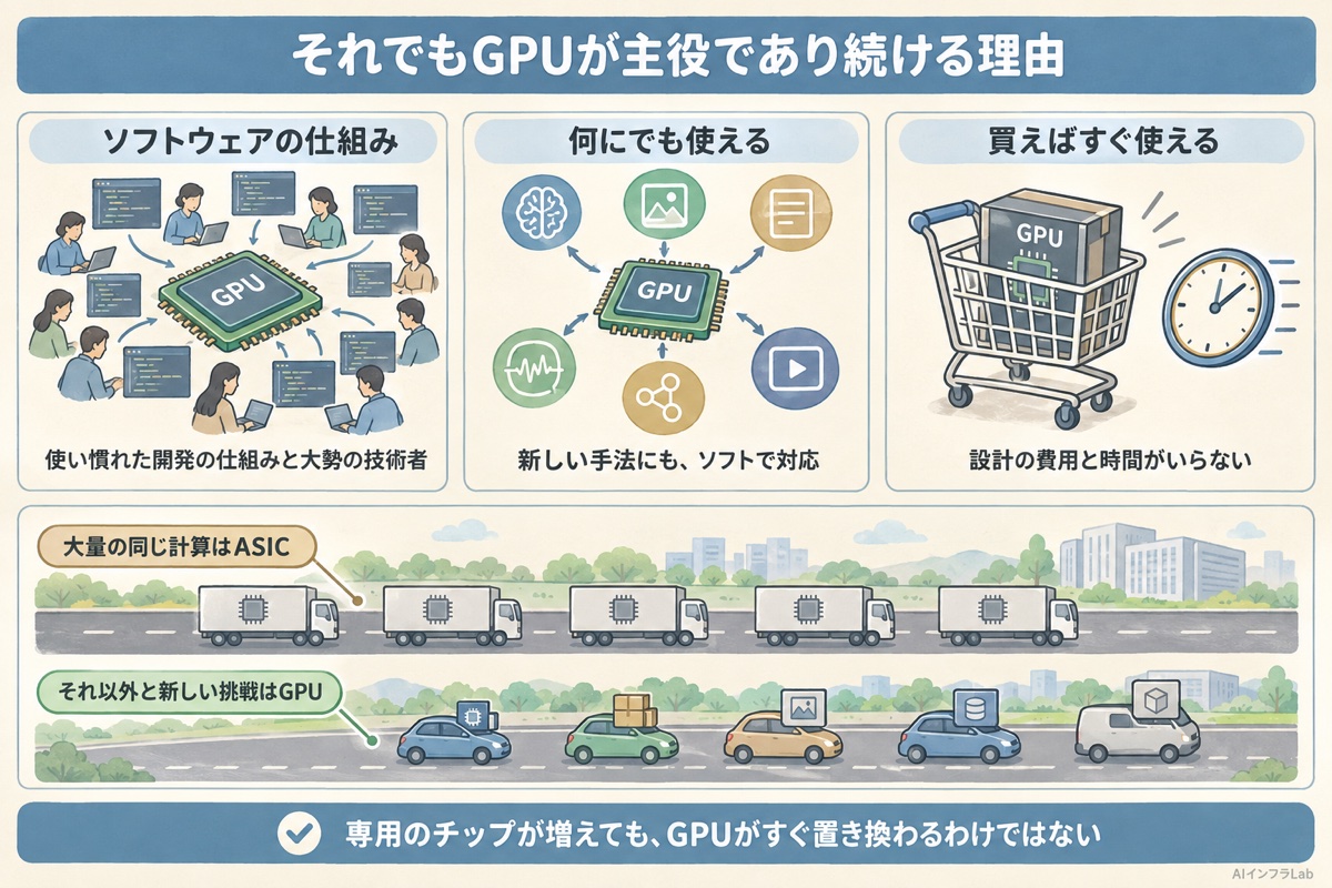 ソフトウェアの仕組み、何にでも使える、買えばすぐ使えるの3つで、GPUが主役であり続ける理由を示した図