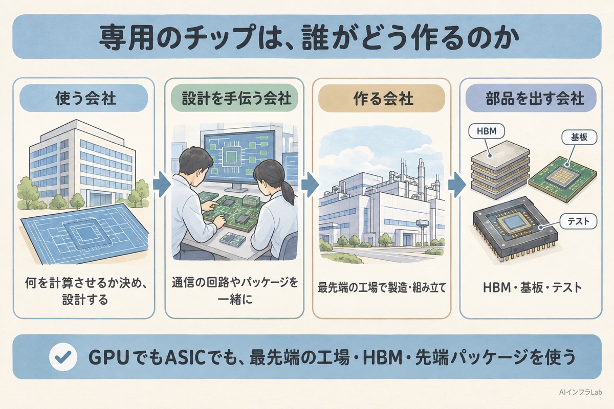 使う会社・設計を手伝う会社・作る会社・部品を出す会社の4つの役割で、専用のチップができるまでの関係を示した図