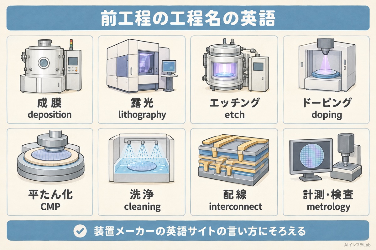 成膜・露光・エッチング・ドーピング・CMP・洗浄・配線・計測の前工程の流れに、英語の工程名を並べた一覧図