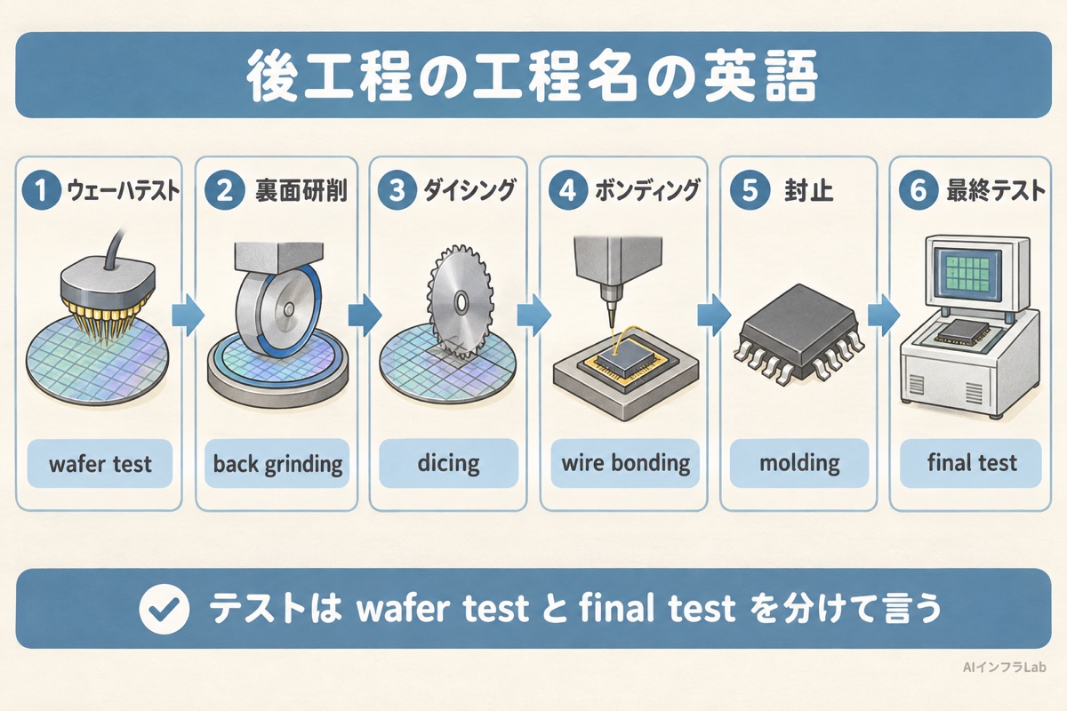 ウェーハテスト・裏面研削・ダイシング・ボンディング・封止・最終テストの後工程の流れに、英語の工程名を並べた一覧図