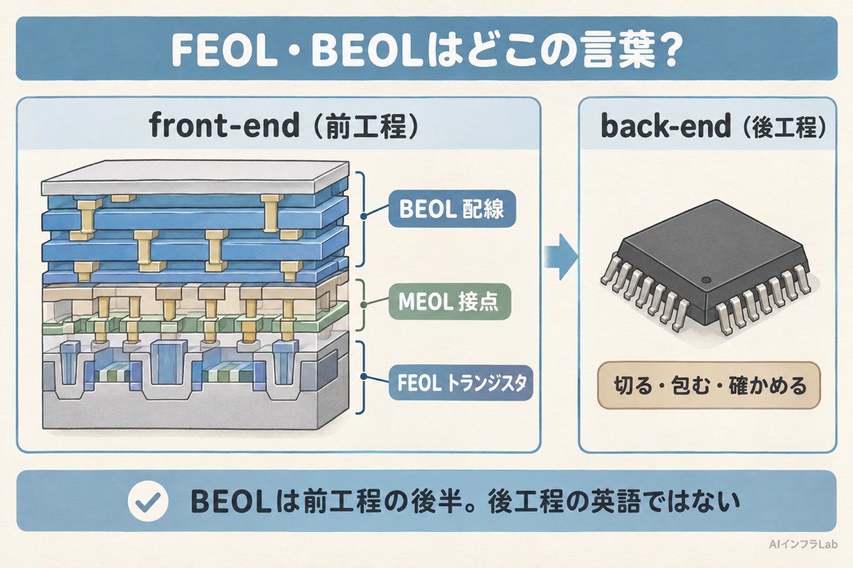 front-endの中にFEOL・MEOL・BEOLがあり、back-endは別の工程だと示す入れ子の図