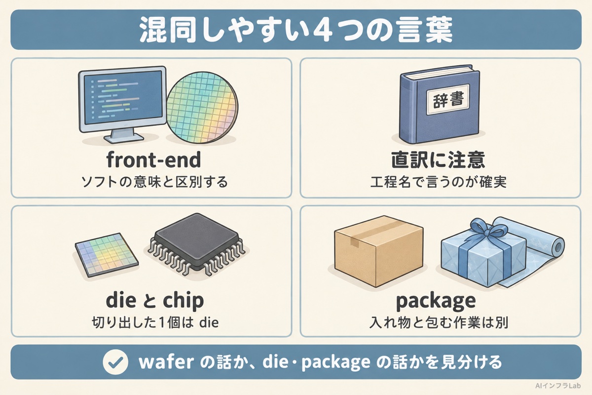 front-endの分野の違い、直訳の言い方、dieとchip、packageとpackagingの4つの混同しやすい言葉を示した図