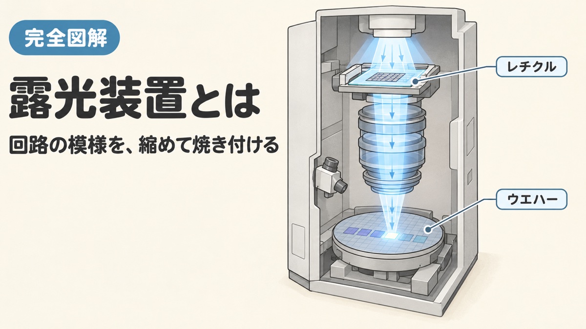 露光装置とは何かを示す図解。光がレチクルとレンズを通り、模様を縮めてウエハーに焼き付ける様子