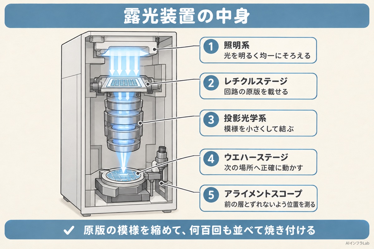 露光装置の中身。照明系、レチクルステージ、投影光学系、ウエハーステージ、アライメントスコープの5つの部品と光の流れ