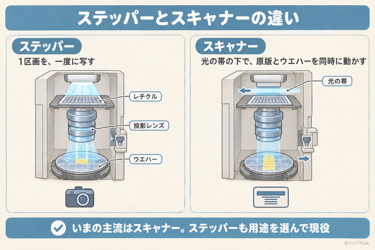 ステッパーとスキャナーの違い。ステッパーは1区画を一度に写し、スキャナーは細い光の帯の下でレチクルとウエハーを同時に動かして写す