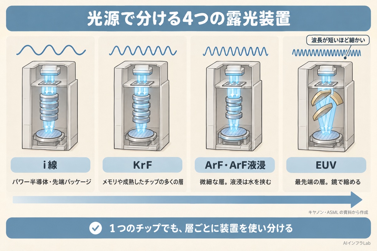 光源で分ける4つの露光装置。i線、KrF、ArF・ArF液浸、EUVと、それぞれが受け持つ層。EUVは鏡で縮める