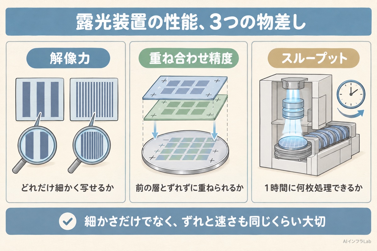 露光装置の性能の3つの物差し。解像力、重ね合わせ精度、スループット