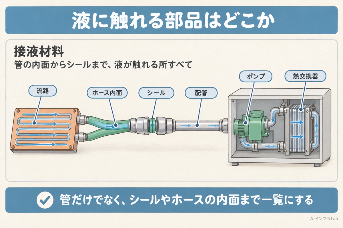液冷の回路で冷却液に触れる部品の地図。コールドプレートの流路、ホースの内面、継手のシール、配管、ポンプ、熱交換器