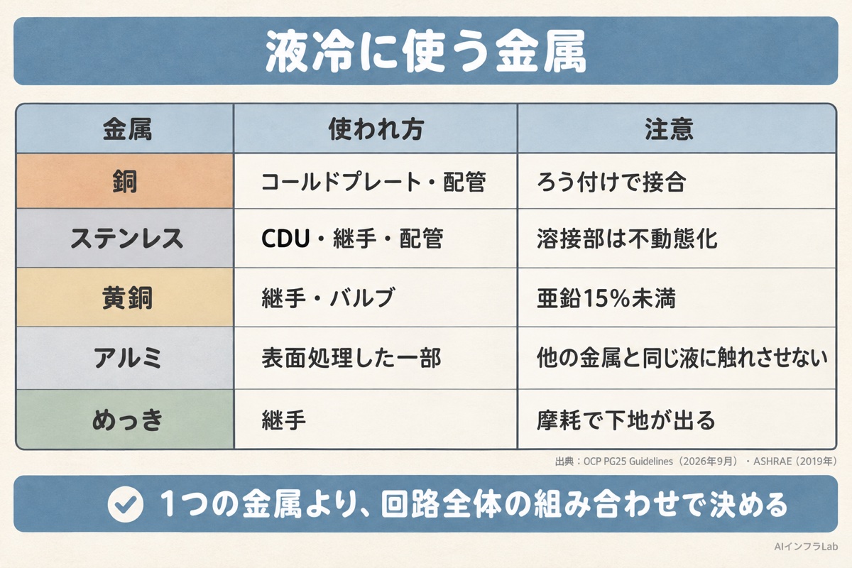 液冷に使う金属の表。銅、ステンレス、黄銅、アルミ、めっきの使われ方と注意点