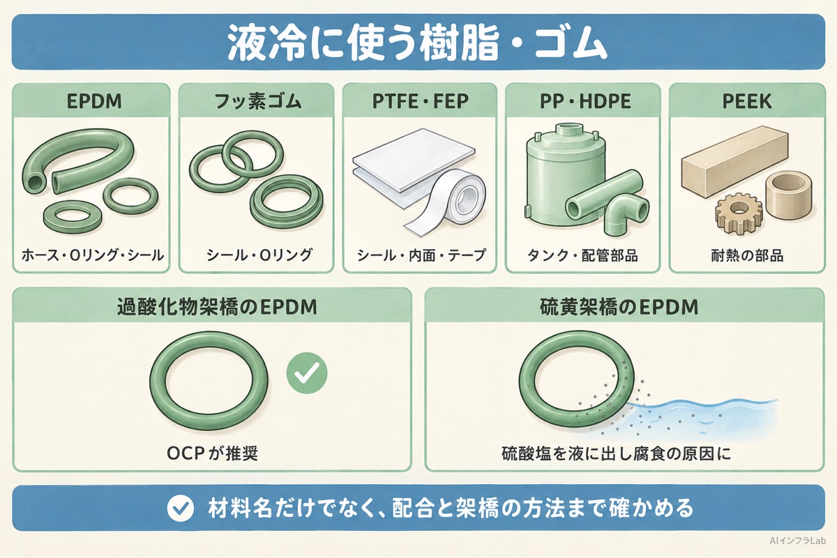 液冷に使う樹脂・ゴムの一覧。EPDM、フッ素ゴム、PTFE、PP、PEEKと、EPDMの架橋の方法による違い