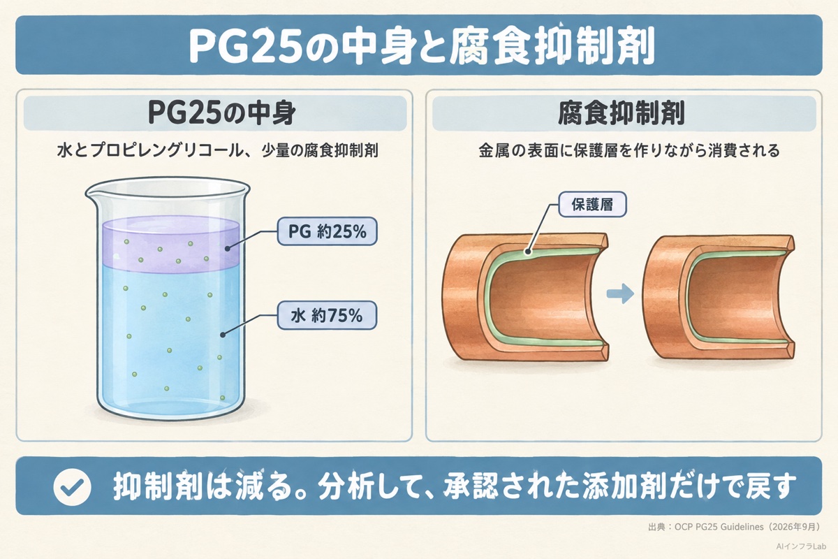 冷却液PG25の中身。水とプロピレングリコール約25%と腐食抑制剤。抑制剤は金属の表面に保護層を作りながら消費される